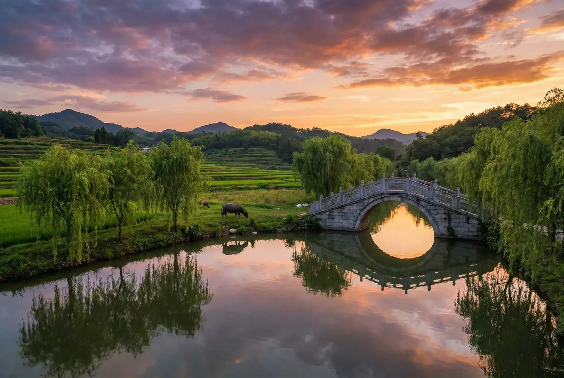 夕阳下的石拱桥与垂柳，水牛在河边吃草 - 无敌神马在线观看 乡村美景